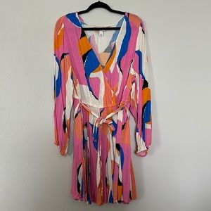 AVA&VIV Tie Belt Pleated Hem Long Sleeve MIDI Dress